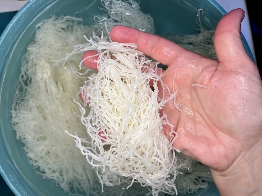 crunchy rice stick noodles in a bowl of water