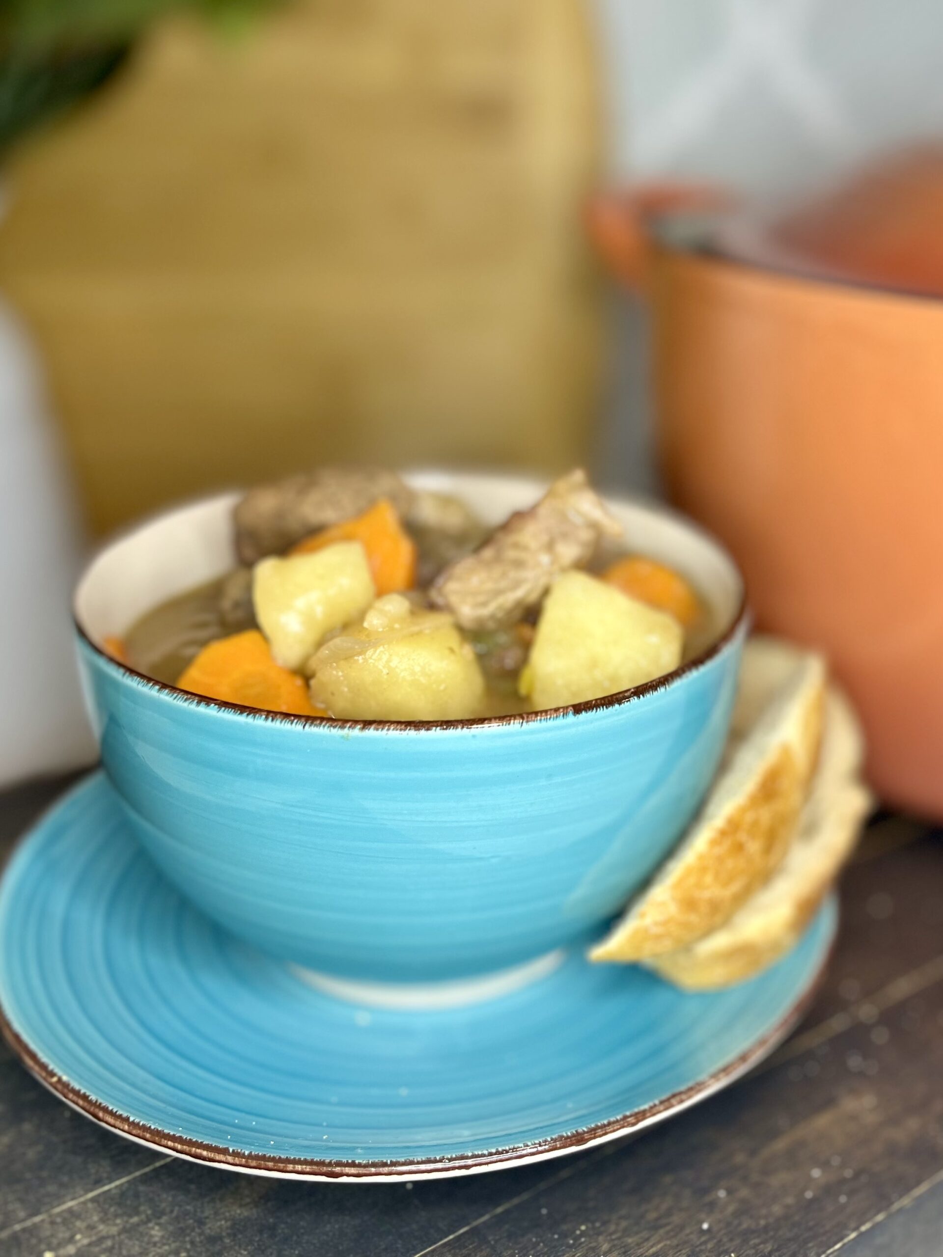 beef stew in a bowl with sliced bread