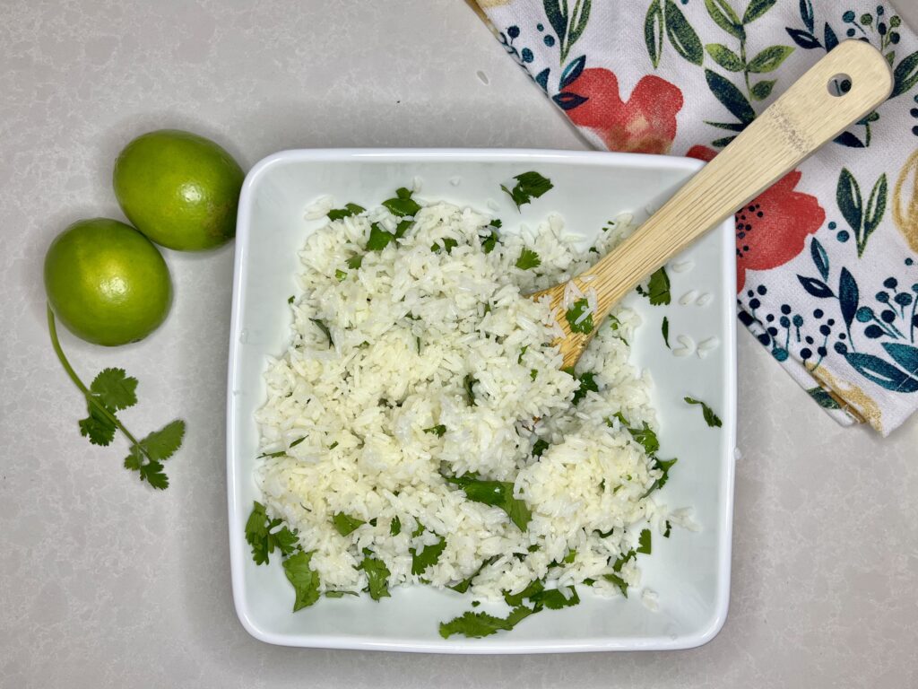 cilantro lime rice in a bowl on a counter