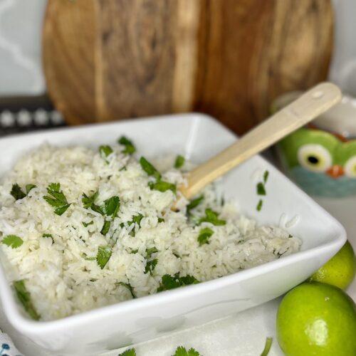 cilantro lime rice in a bowl on a counter