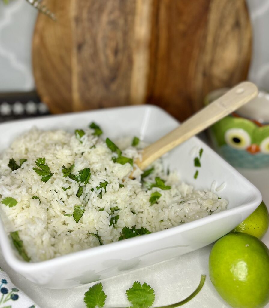 cilantro lime rice in a bowl on a counter