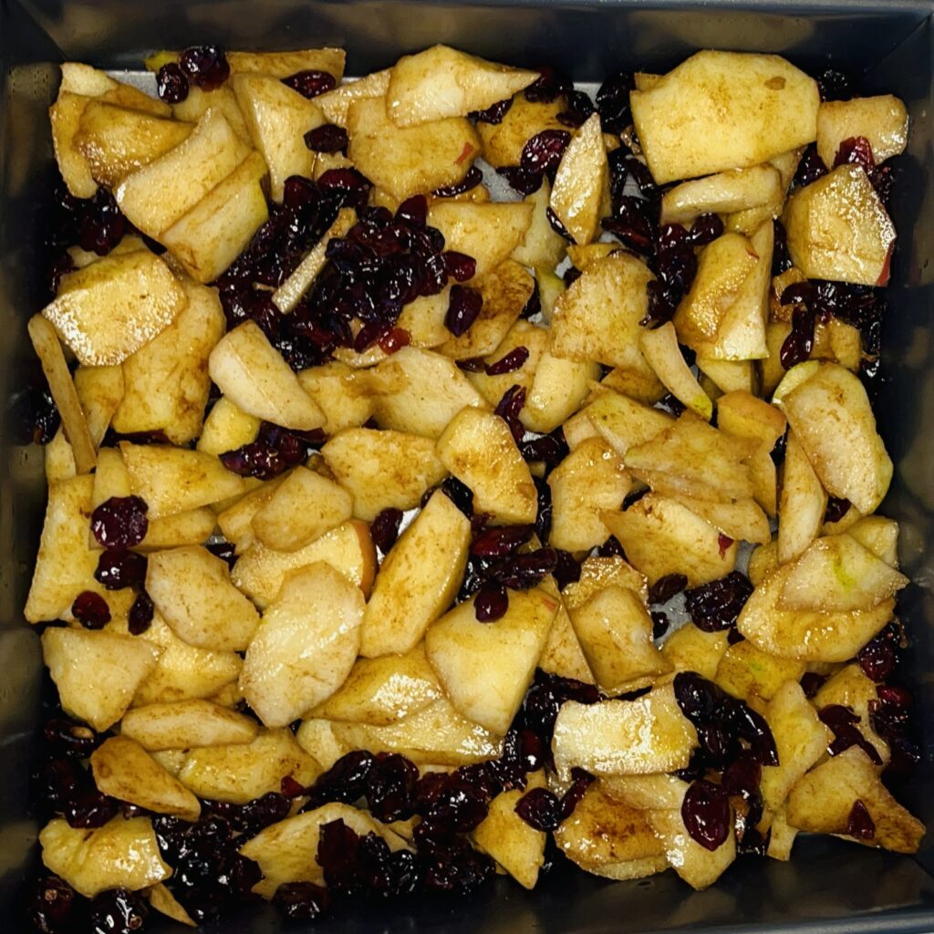 apples, pears, dried cranberries, lemon juice, coconut oil and cinnamon in 9x9 baking pan