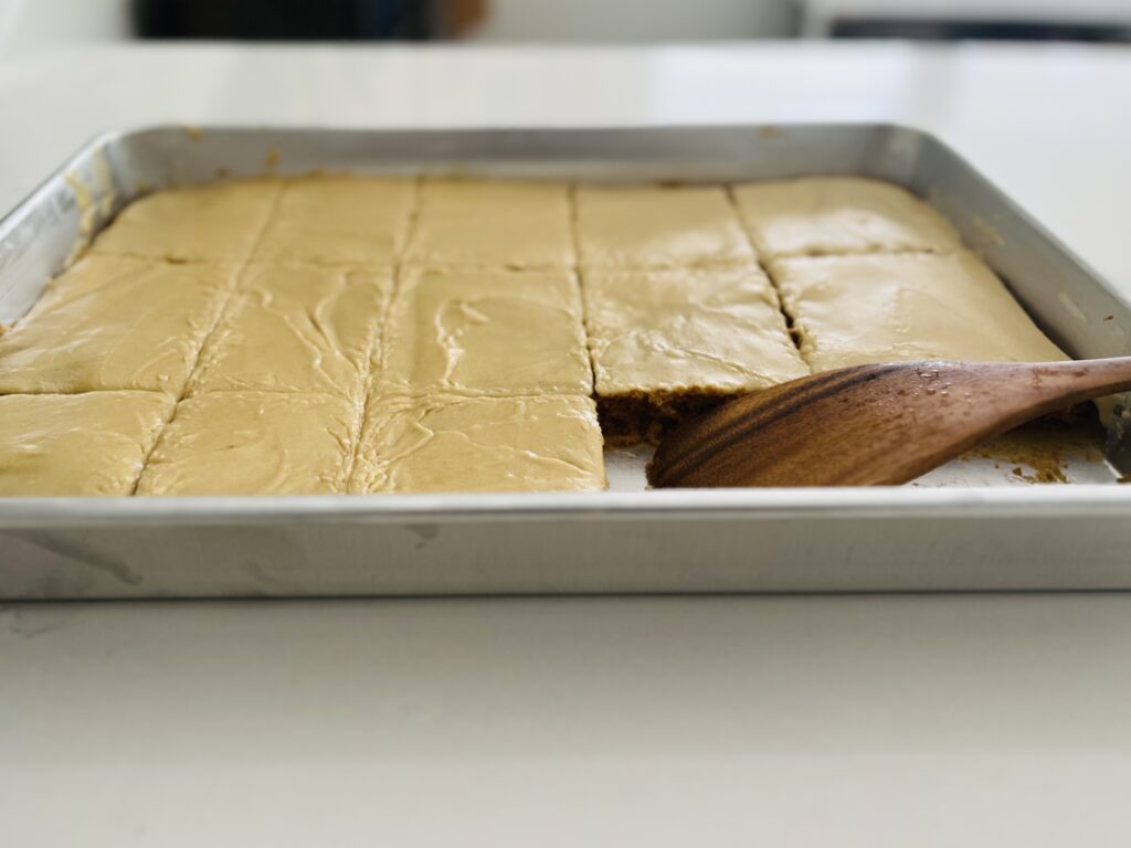 finished Pumpkin sheet cake with brown sugar icing