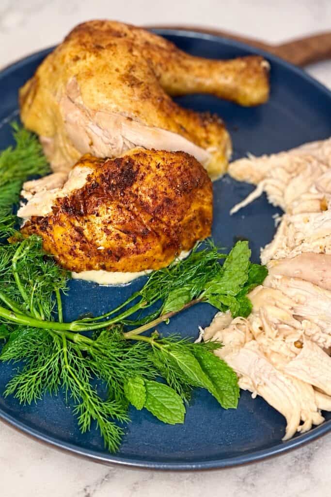 Pieces of roast chicken on a plate