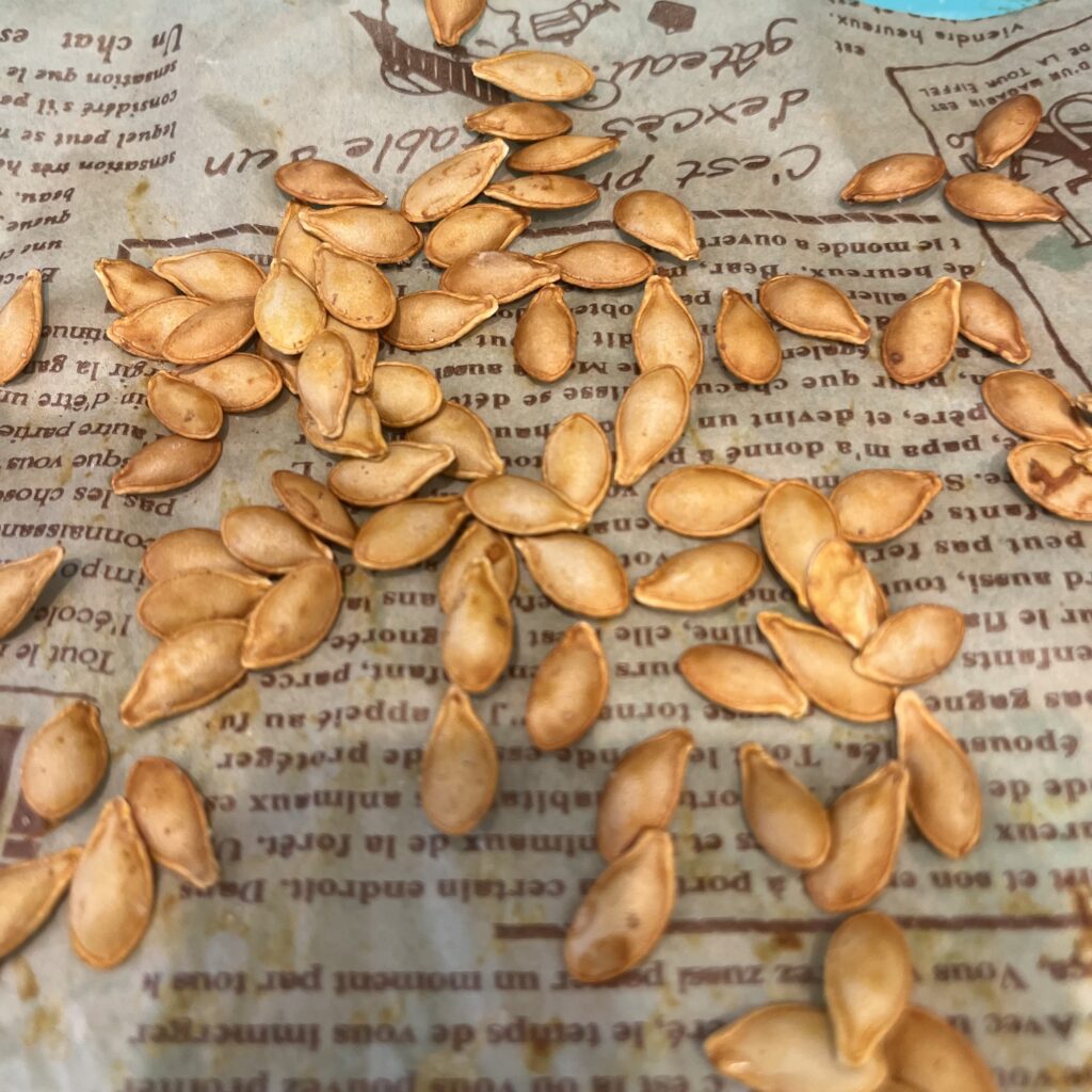 Roasted seeds on a lined baking sheet
