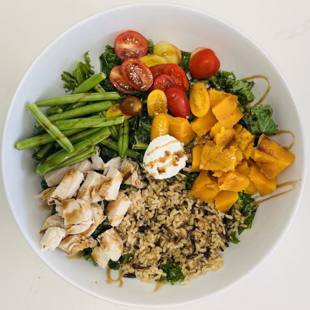 finished harvest bowl with all ingredients in wide bowl