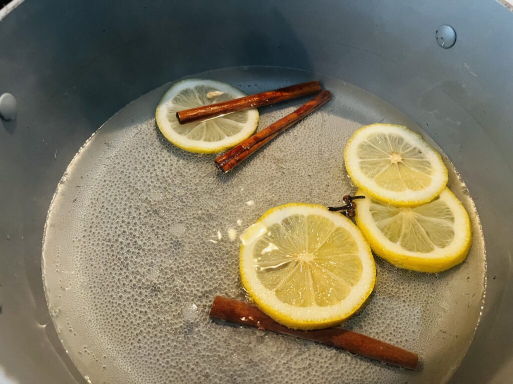 Sugar water with lemons, cinnamon sticks and cloves in a pot on the stove