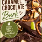 Apple caramel chocolate bark with green apple pieces, caramel drizzle, and chocolate chunks, perfect for fall treats and holiday desserts.