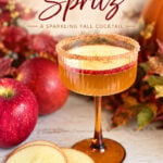 Apple Cider Spritz cocktail in a glass with apple slices and fall decorations, perfect for a festive fall cocktail recipe.