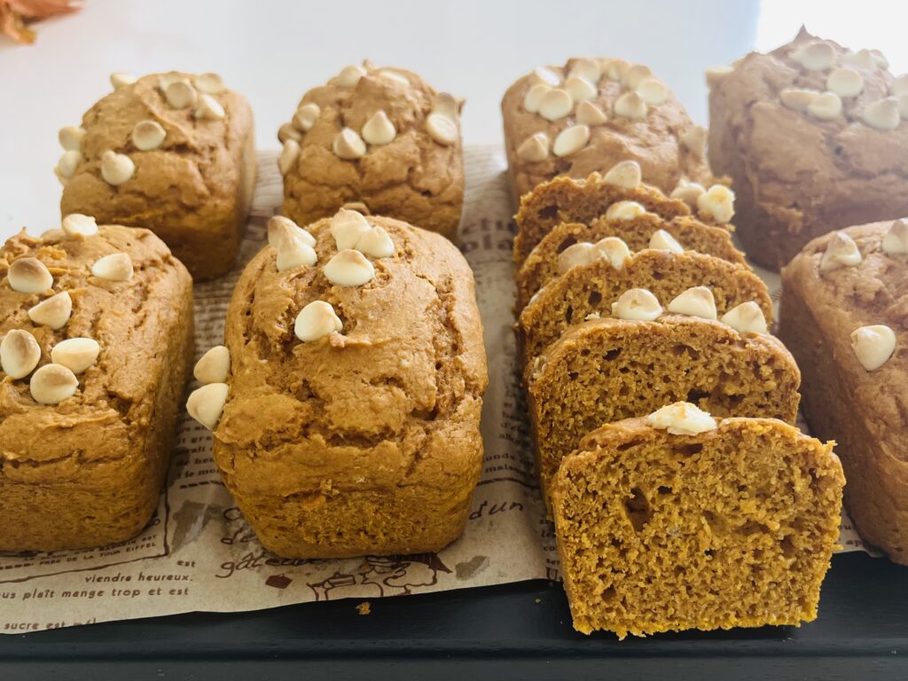 White chocolate chip mini pumpkin loaves