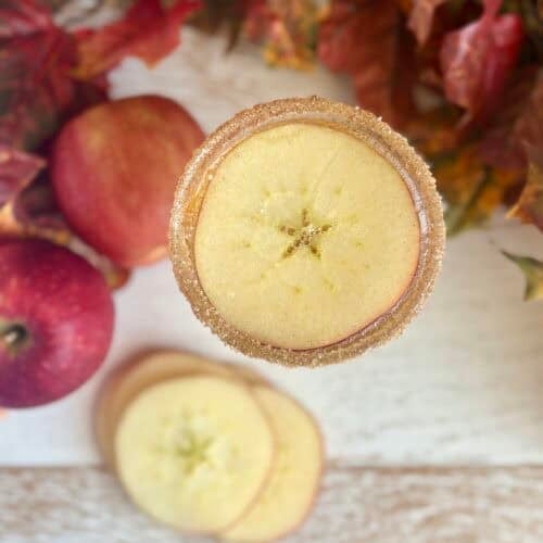 Fresh apple slice with sugar rim on a bottle of apple cider, surrounded by red apples and fall leaves for seasonal apple beverages and fall harvest themes.