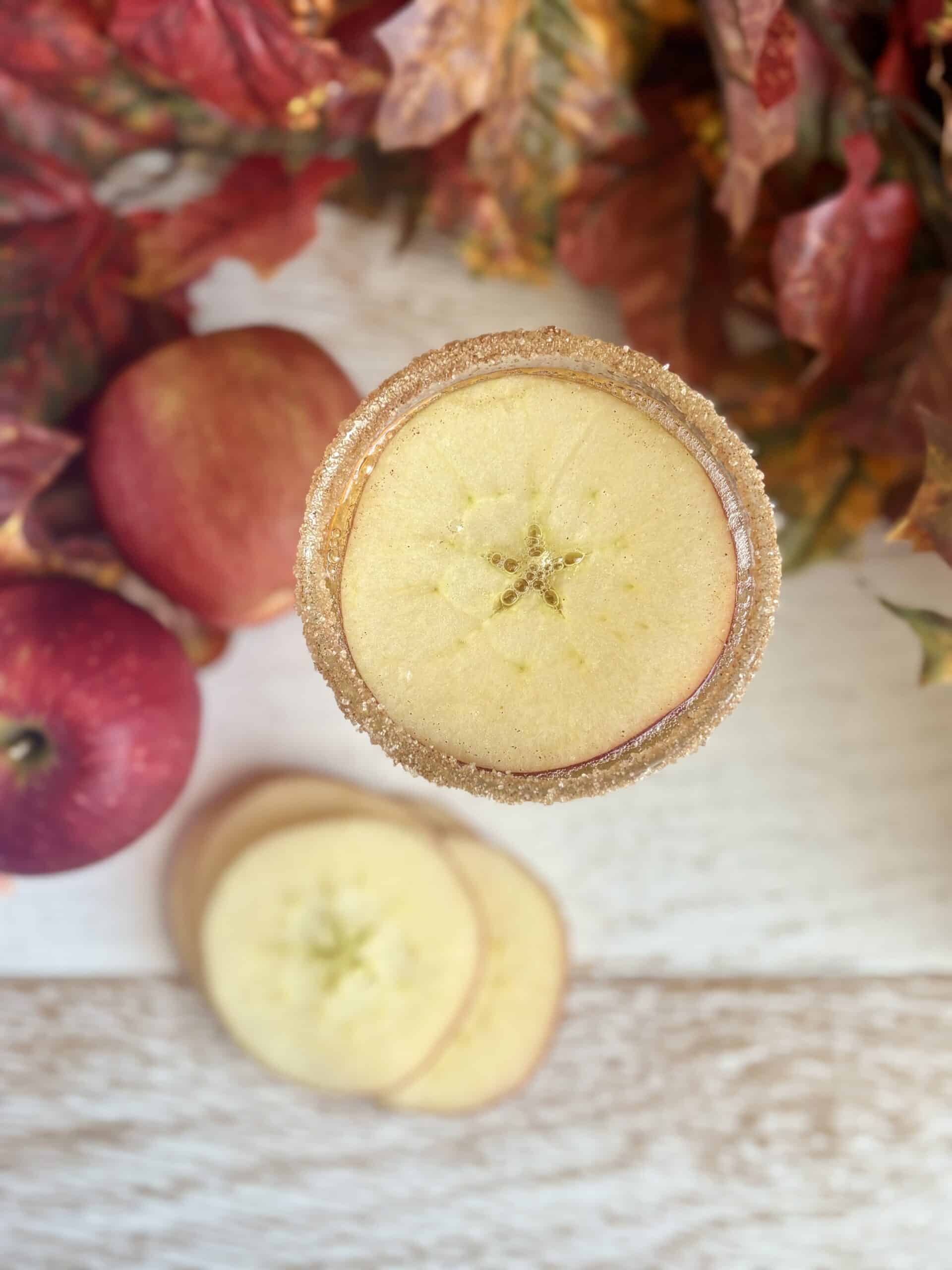 Fresh apple slice with sugar rim on a bottle of apple cider, surrounded by red apples and fall leaves for seasonal apple beverages and fall harvest themes.