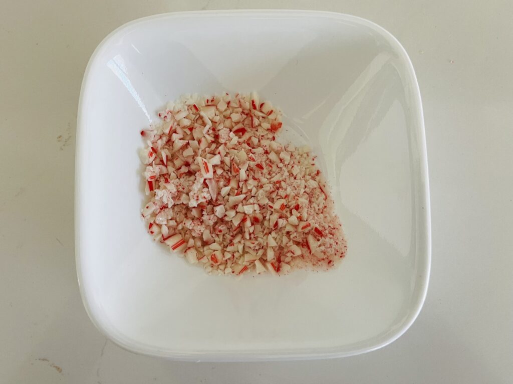 Crushed candy canes in a bowl.