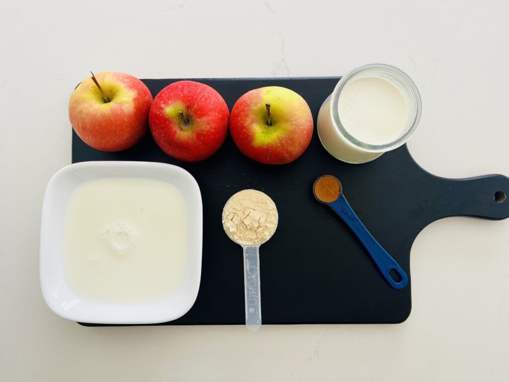 milk or dairy free alternative

apples

plain yogurt

cinnamon

vanilla protein powder-optional