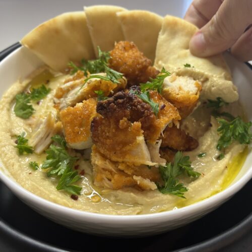 Crispy Chicken Hummus Dip in a bowl.