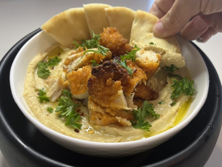 Crispy Chicken Hummus Dip in a bowl.