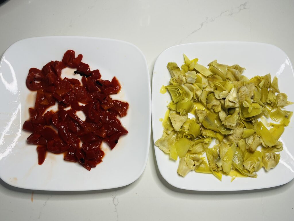 roughly chopped artichokes and roasted red peppers