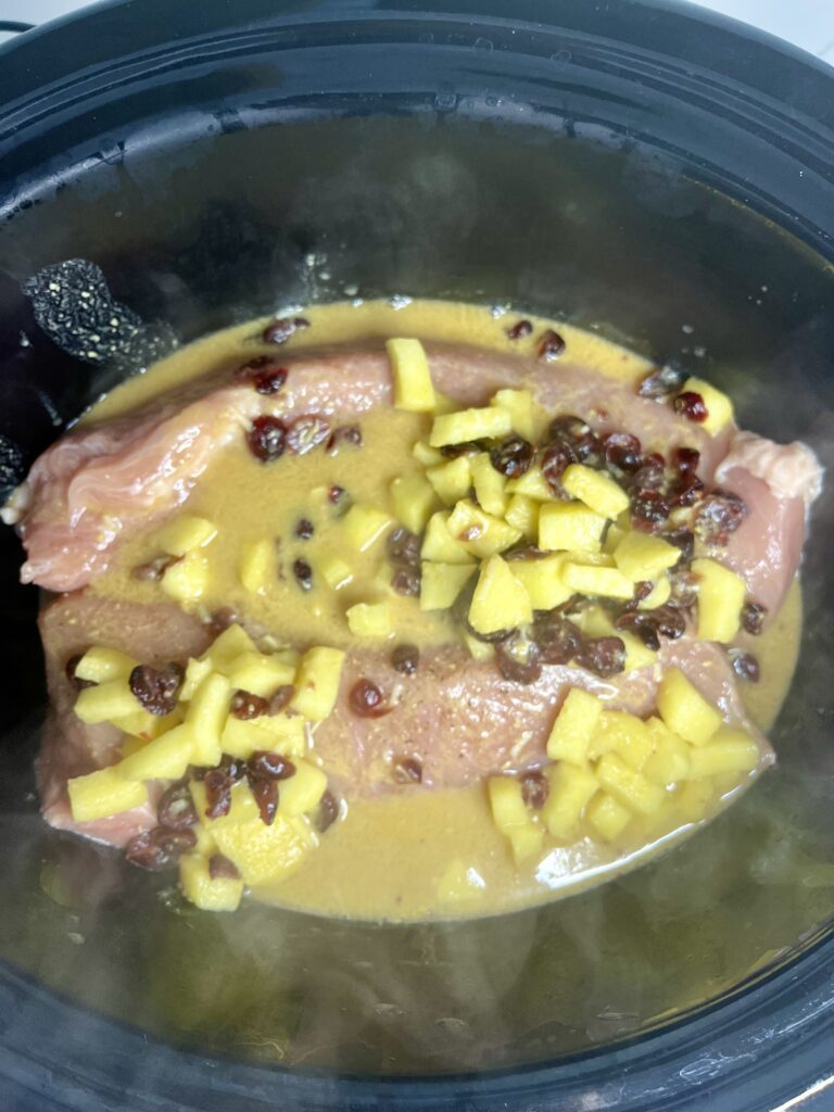 pork loin, apples, cranberries, broth,  garlic, dijon mustard, apple vinegar and cider in a slow cooker on the counter.