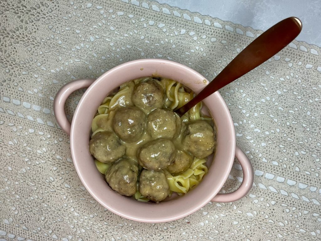 a bowl of Swedish meatballs and egg noodles