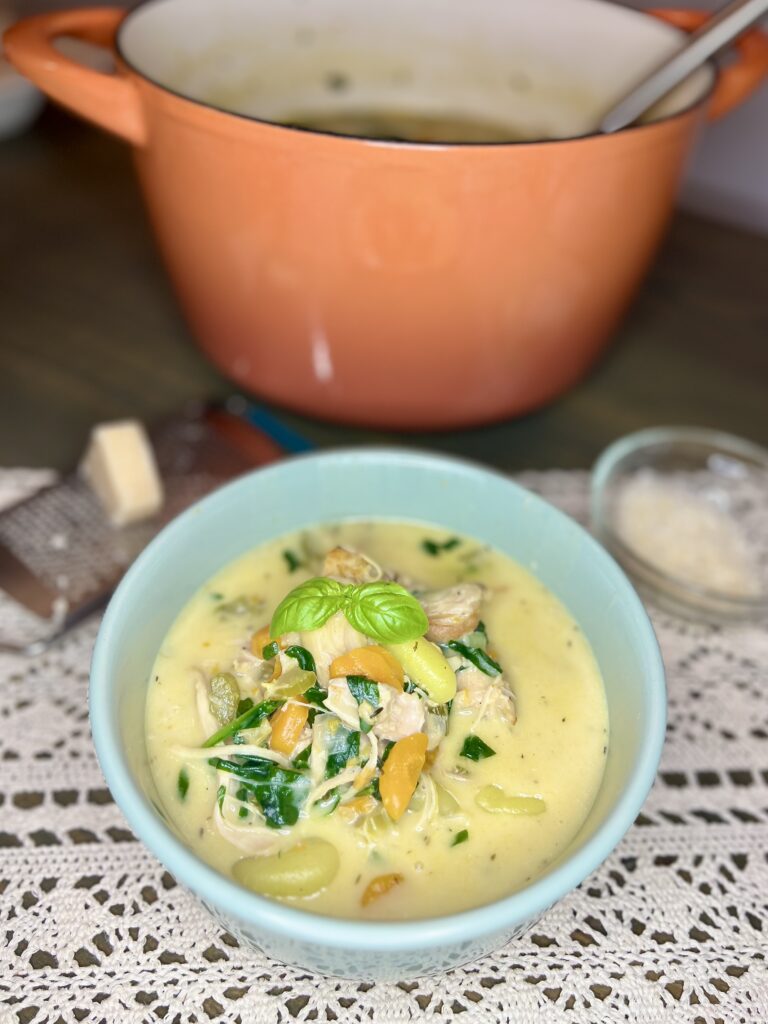 a bowl of chicken and gnocchi soup with parmesan cheese