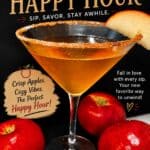 Spiced Apple Martini with Apple Whiskey served in a cocktail glass with apple slices and fresh apples around, perfect for fall happy hour.