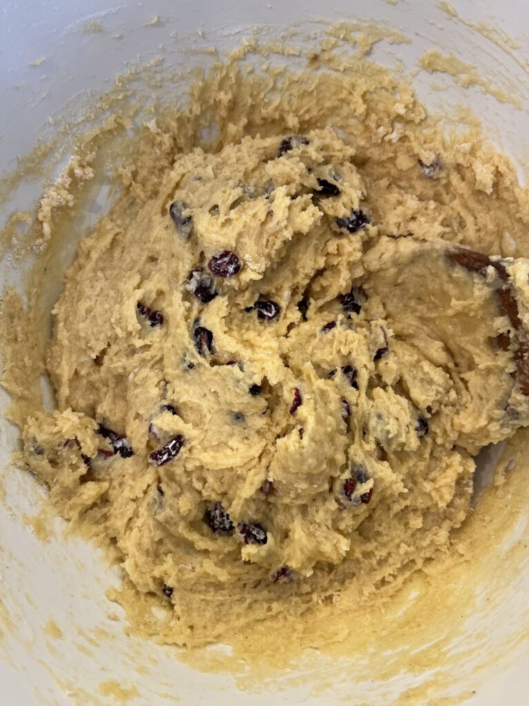 mixed batter in a large white bowl on the counter