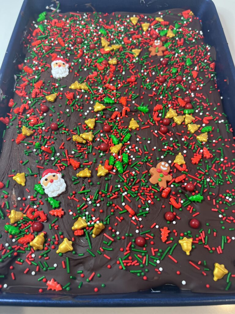 Christmas s'mores in a baking tray on the counter