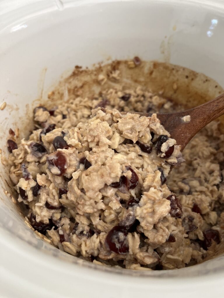 Merry Morning Oatmeal in a slow cooker on the counter.