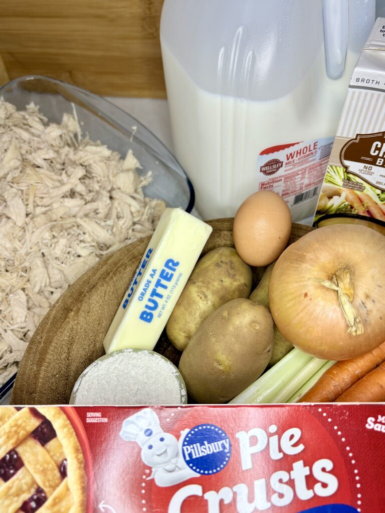 chicken pot pie ingredients on a counter 