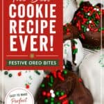 Festive Oreo Bites with colorful sprinkles on a white surface, perfect for holiday treats.