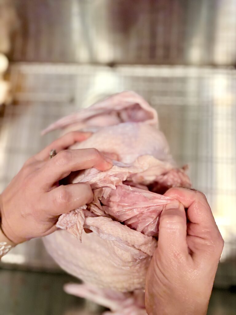 a raw turkey in a sink with a bag of organs being removed from a cavity