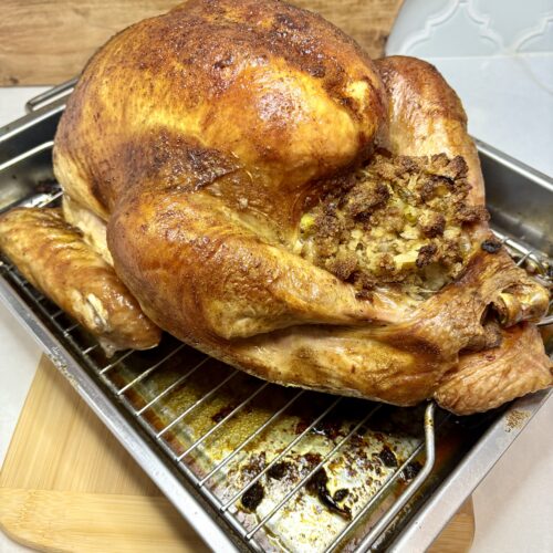 a whole roasted, stuffed, turkey in a roasting pan on a counter