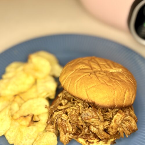 a pulled pork sandwich on a plate next to potato chips