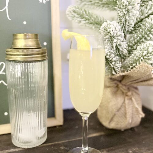 A French 75 champagne cocktail on a counter