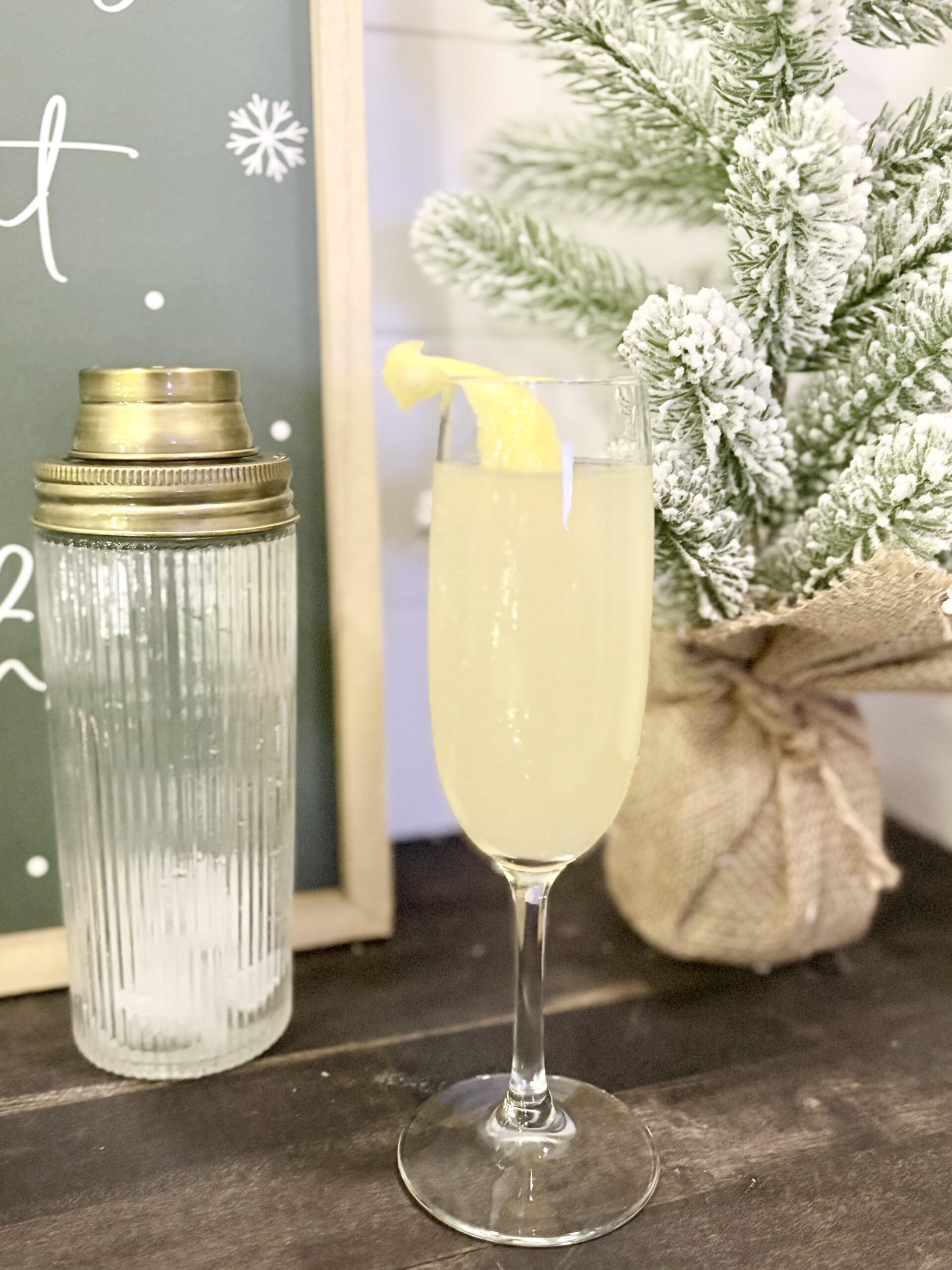 A French 75 champagne cocktail on a counter