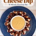 Beer cheese dip in a white bowl surrounded by pretzel bites on a plate.