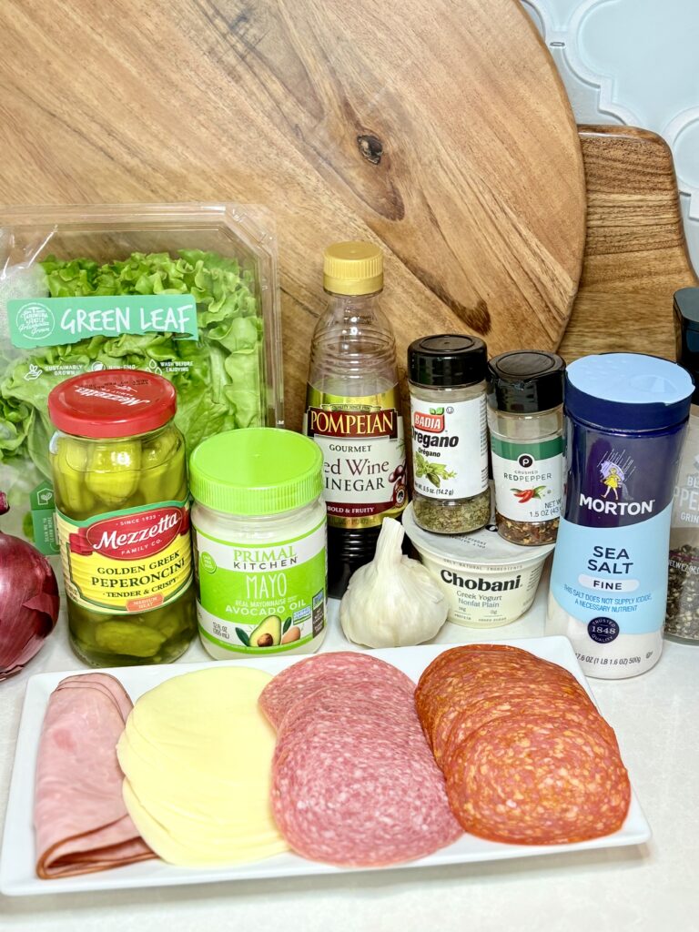 salad and dressing ingredients on a counter