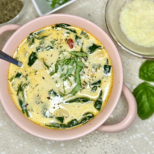 a bowl of creamy chicken Florentine soup