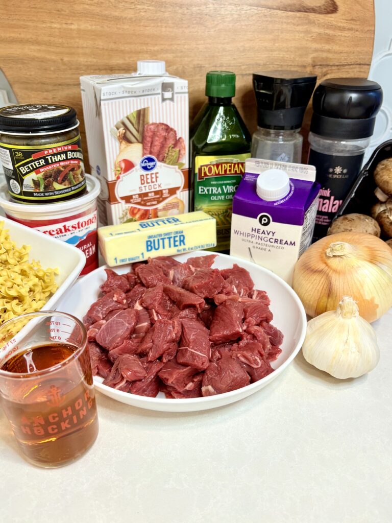 Ingredients for beef stroganoff soup on a counter