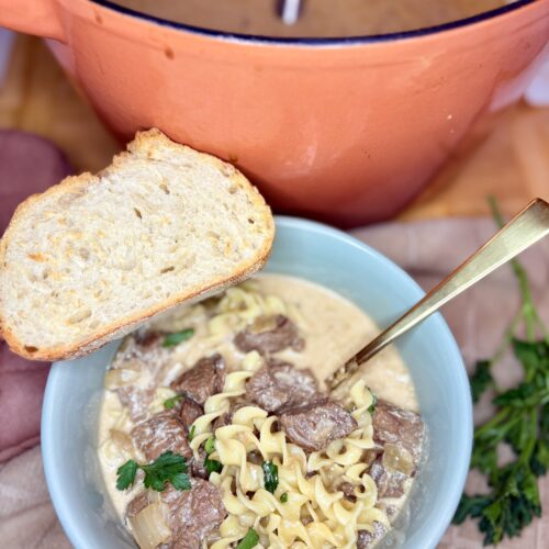 beef stroganoff in a bowl with a spoon and a slice of bread on a counter