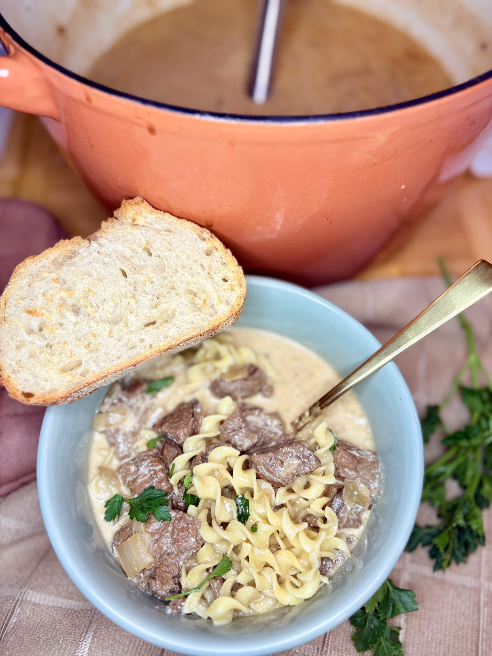 beef stroganoff in a bowl with a spoon and a slice of bread on a counter