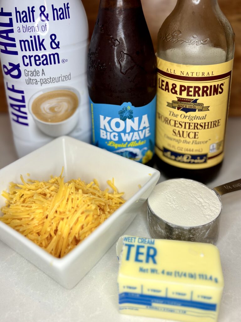 beer cheese dip ingredients on a counter