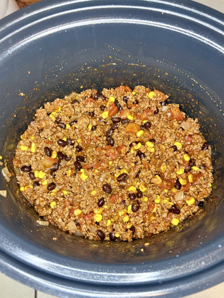 cooked game day chili in a slow cooker