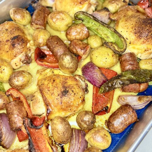 Cooked Chicken and Sausage Sheet Pan dinner