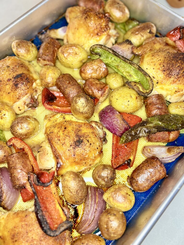 Cooked Chicken and Sausage Sheet Pan dinner