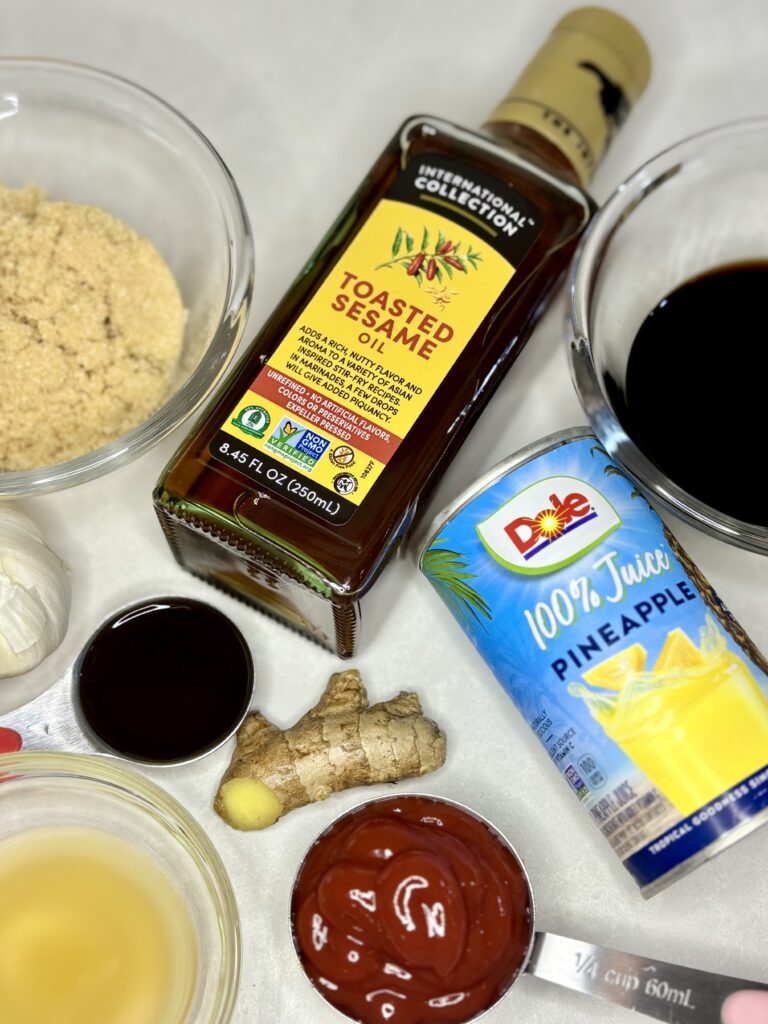 ingredients for huli huli sauce on a counter
