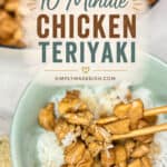 Delicious homemade chicken teriyaki served over white rice with chopsticks, highlighting a quick and easy 10-minute recipe from Simply Made Dish.