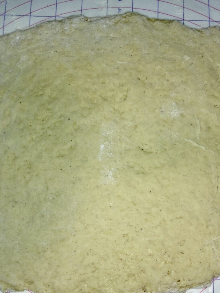 beignet dough flattened to 1/4 inch thick