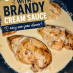 Chicken with brandy cream sauce in a skillet, served as an easy one-pan dinner from Simply Made Dish.