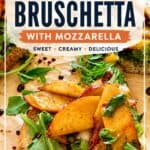 Peach Bruschetta with Mozzarella on toasted bread topped with fresh arugula and peach slices, garnished with black pepper, perfect for a sweet and savory appetizer.